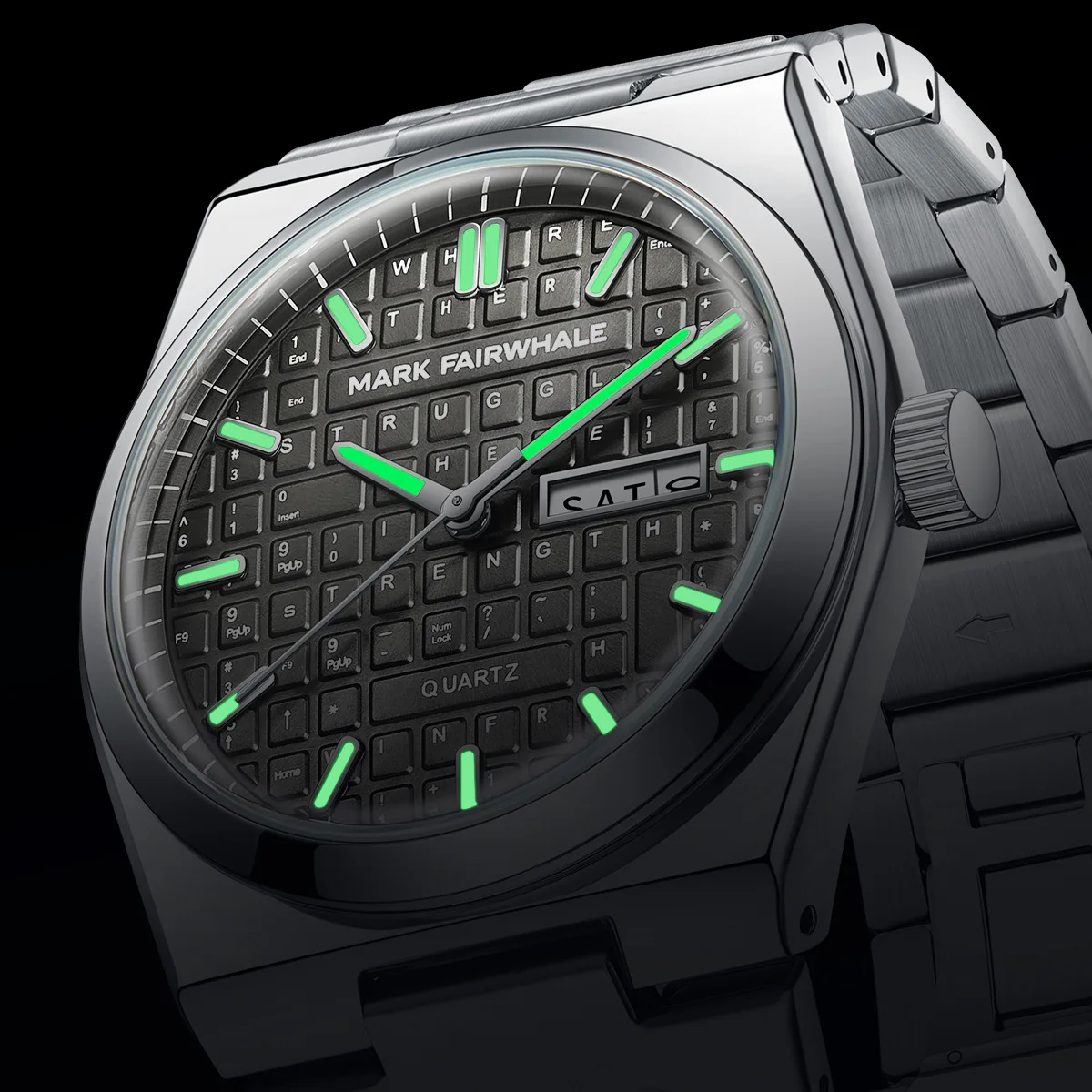 Mark fairwhale movimento de quartzo relógios moda teclado design dial semana luminosa à prova dwaterproof água calendário aço inoxidável homem relógio