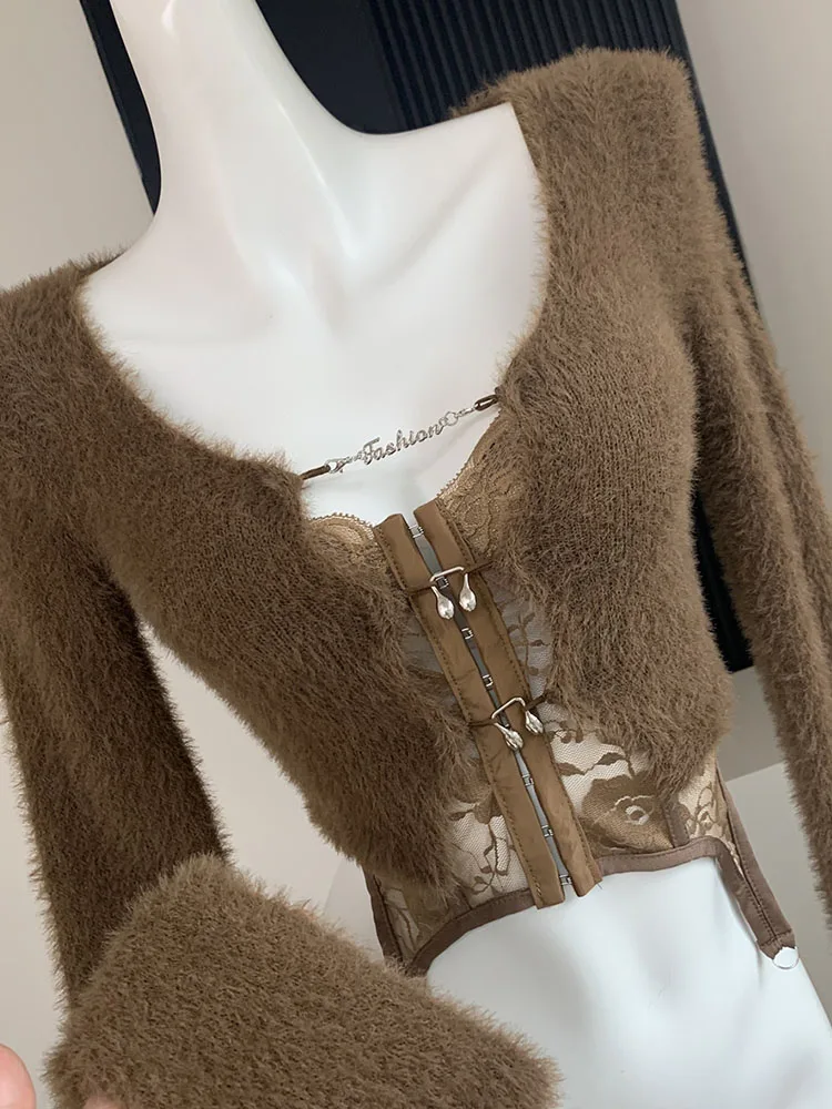 Autumn Winter Gyaru Brown Cardigans Coquette Plush Sweater Fashion Knitted Jumper Japanese Vintage High Street 2000s Aesthetic