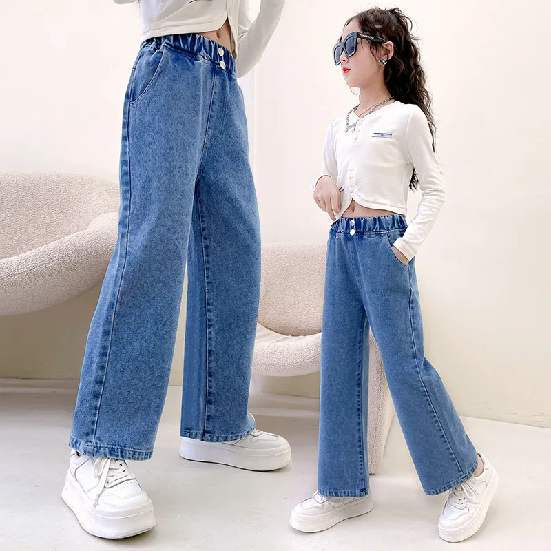 New Girls Jeans Spring Autumn Teenage Fashion Loose Two Button Kids Straight Pants School Children Trousers 6 8 10 12 13 Years