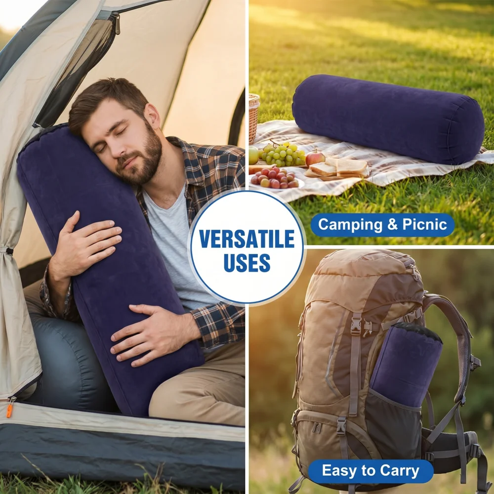 1 Stück Zylindrisches Aufblasbares Campingkissen, Weiches Beflocktes Nackenkissen für Outdoor-Reisen, Tragbares Nacken- und Lendenstützkissen – Detail 2