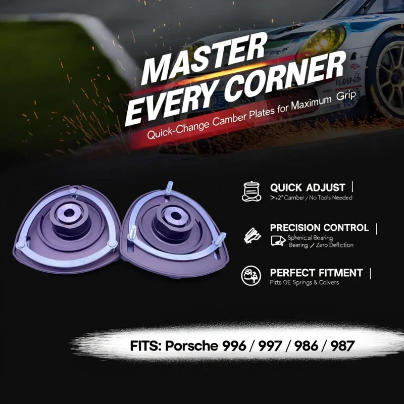 For Porsche 986 987 996 997 Camber Plates, CNC Billet with Spherical Bearings for +2° Camber & Max Grip