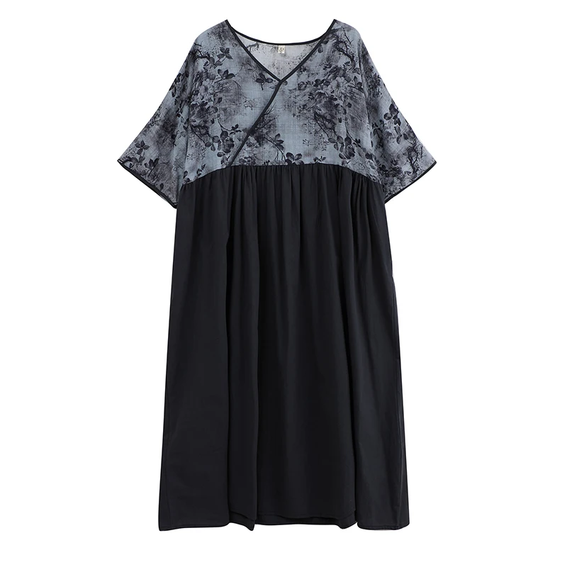 중년 및 노인 여성을위한 레트로 스타일 코튼 린넨 v 넥 패치 워크 롱 드레스 여름 새 도착 대형 드레스