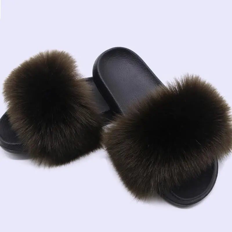 Summer Faux Fox Fur Sandals Beach Fluffy Slippers Indoor Outdoor Ladies Shoes Woman Slipper Fashion Non-Slip Furry Flip Flops