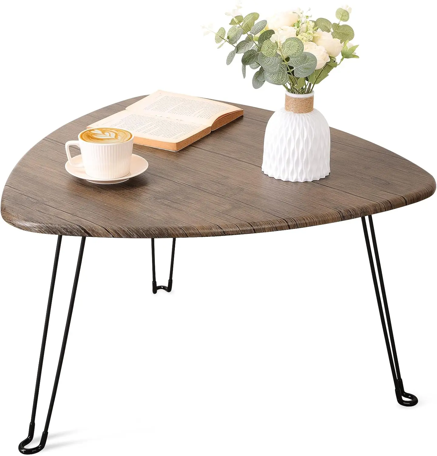 

Light Brown Mid-Century Modern Folding Coffee Table - Triangular Wooden Low Table with Steel Legs, Space-Saving for Small Spaces