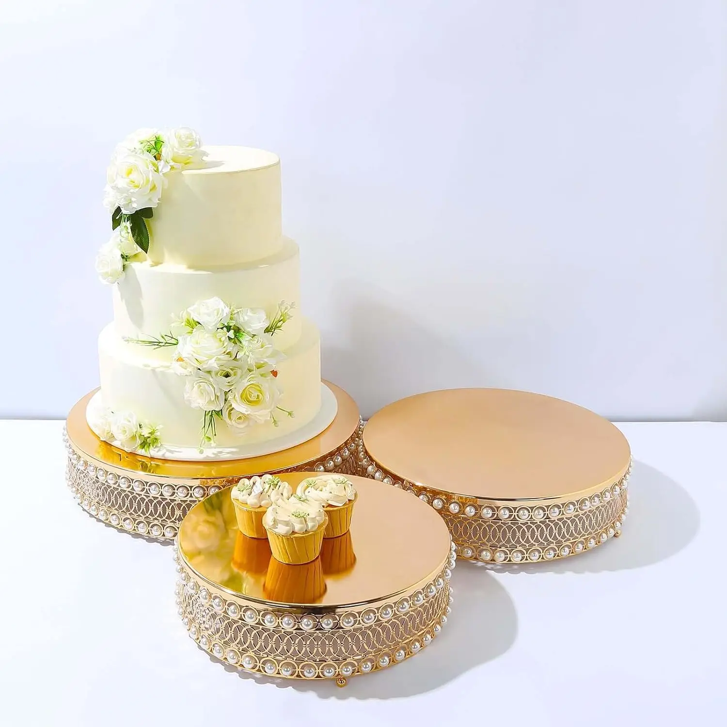 

Set of 3 Pearl Beaded Gold Cake Stands with Mirror Top - 12", 14", 16" Round Stackable Cupcake Holder Dessert Display Pedestals