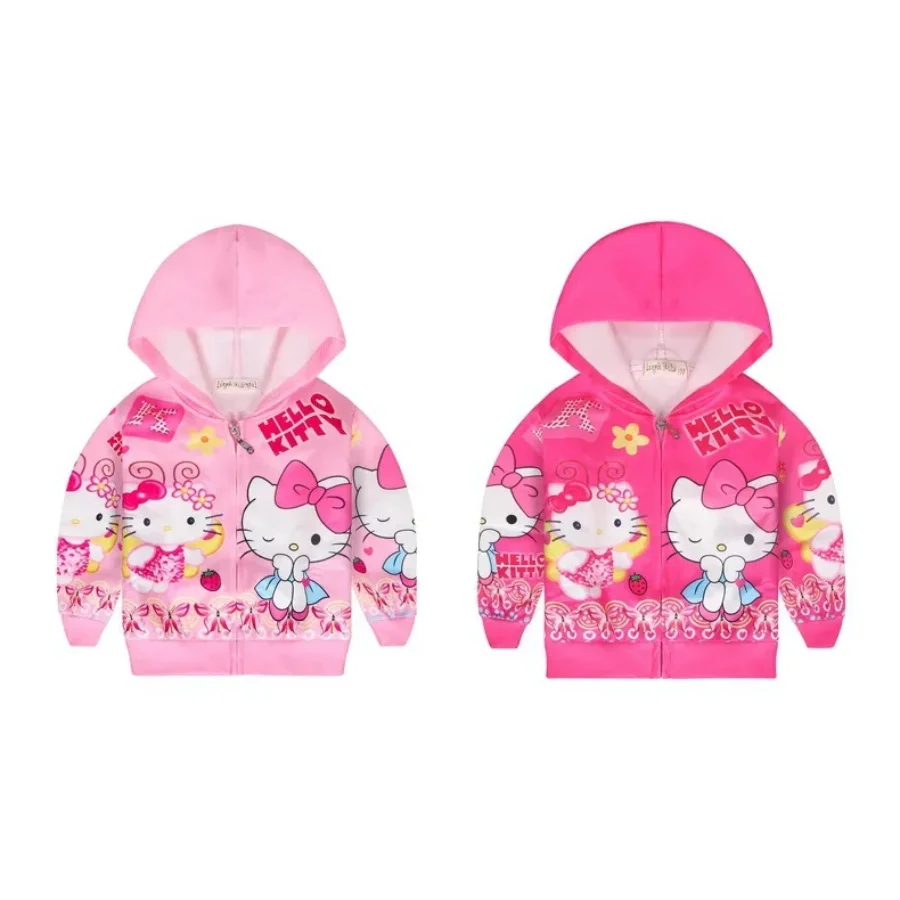 Hello Kitty Cute Cartoon Girls Hooded zipper Jackets Children\'s Wear Casual Simple Coats Baby Foreign Style Warm Windproof Tops