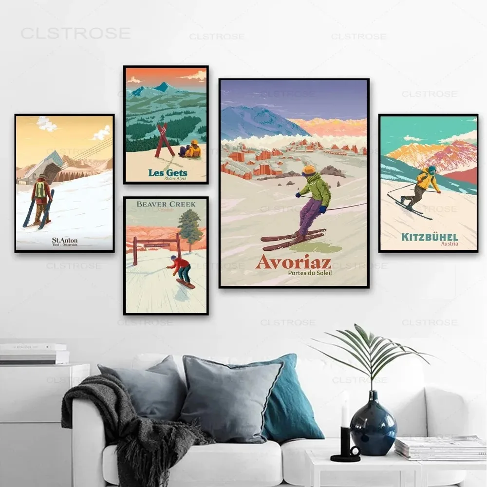 St Anton Kitzbuhel Avoriaz Ski Resort Posters Skiing French Alps Snowboarding Canvas Paintings Vintage Wall Art Print Pictures