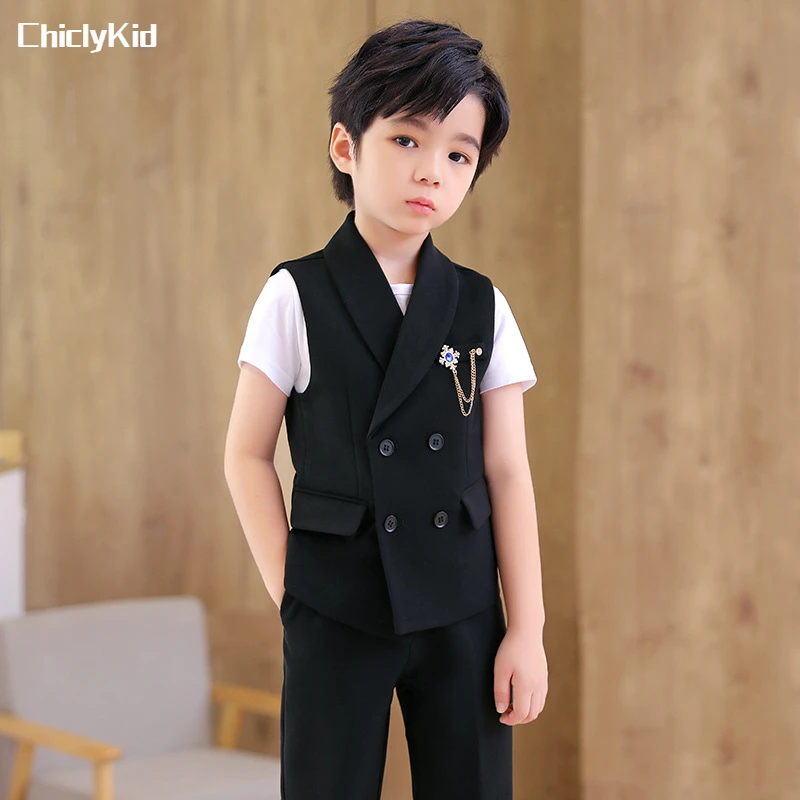 Boys Solid Color Suit Vest Pants Outfits Child Double Breasted Waistcoat Wedding Clothes Sets Toddler Formal Dress Kids Tuxedos