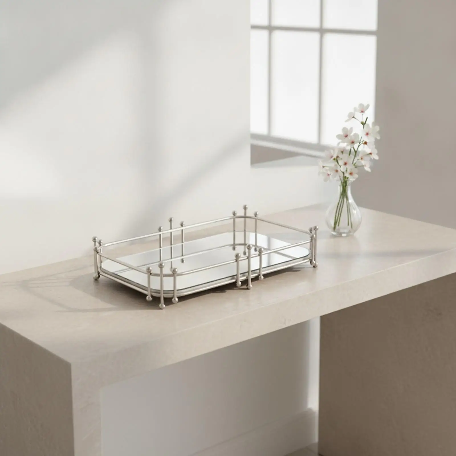 Elegant Wrought Iron Mirror Jewelry Tray for Vanity Dresser Decorative Storage Organizer with Raised Frame Bead Accents