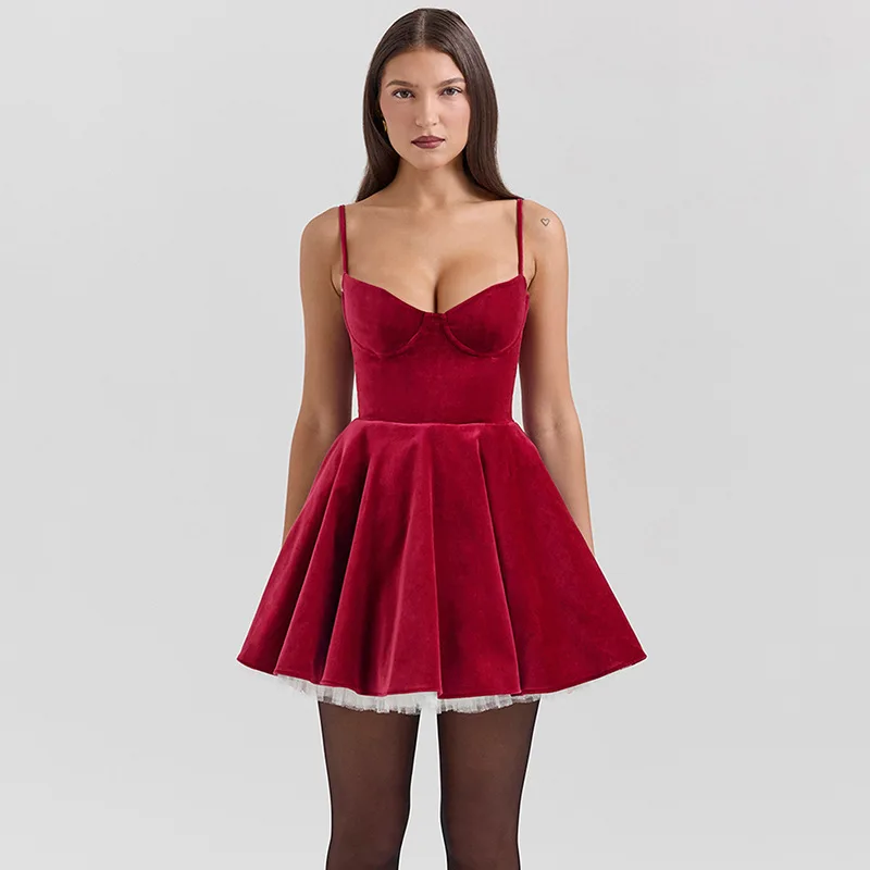 Red Velvet Women's Prom Dress Sexy Strap Sleeveless Short Mini Skirt Formal Casual Daily Robes Party Gown