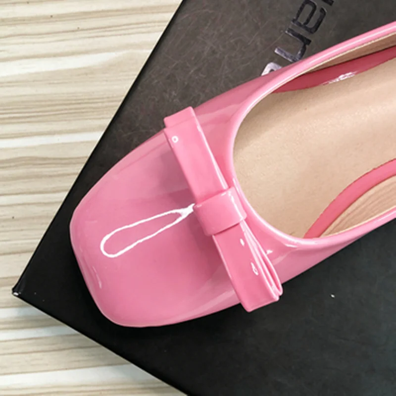 Women Soft Leather Ballet Flats Bow-Knot Sweet Pinkish Red Slip-On Square Toe Shoes Moccasines Null Designer Big Size EU32-48