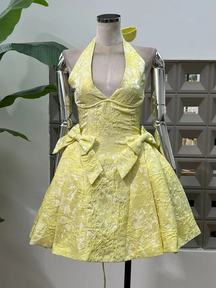 DFDG 2025 Abito da ballo con scollo a V increspato jacquard da donna Abito elegante da ballo di fine anno Abito da sera senza maniche a sbuffo Primavera Estate