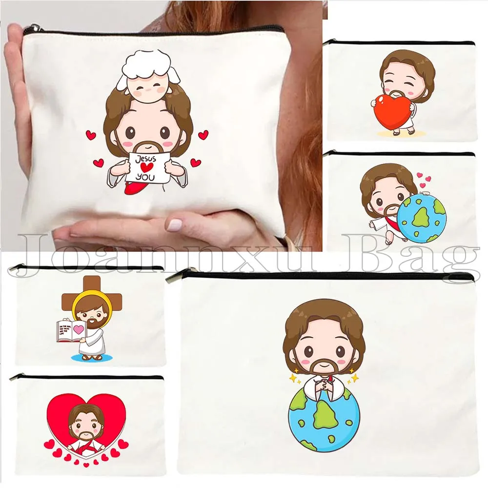 

Cute Cartoon Jesus Christ Floral Cross Love Faith Christian Bible Belief Canvas Cosmetic Makeup Toilet Bag Pencil Case Pouch