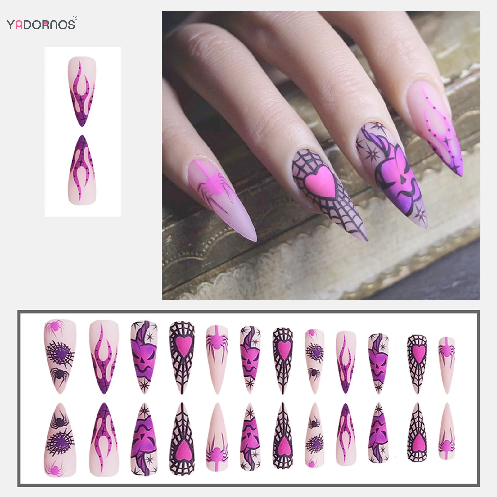 24pcs Long Stiletto Fake Nails Halloween Style Press On Nails Purple Love Heart Spider Web Printed False Nail Tips For Women