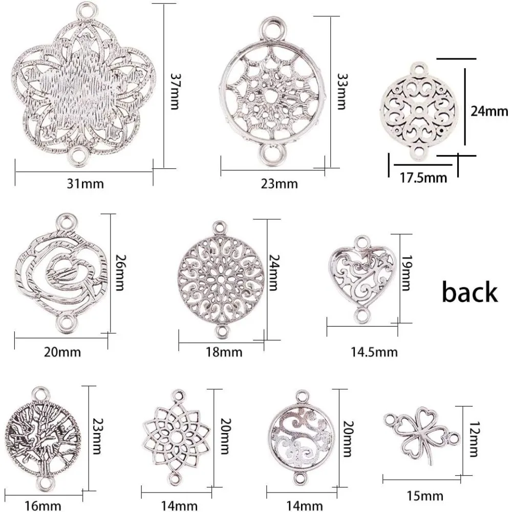 1 Box 60pcs Assorted Connector Charms Flower Tree of Life Charms Dream Catcher Antique Silver Chakra Heart Linking Connectors