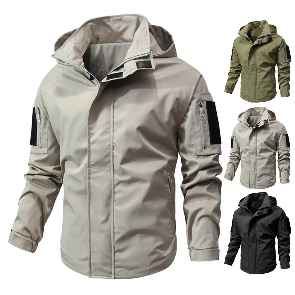 

Autumn Jacket Stylish Men's Windproof Hooded Jacket with Multiple Pockets Full Zipper Closure Trench Coat for Outdoor Activities