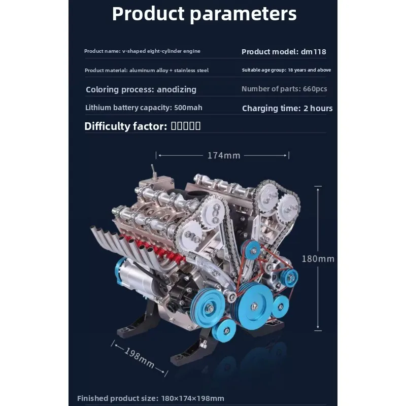 All-Metal Assembled V8 Engine Model Diecast Car Kit Metal Car Model Kits Collectible Toys for Adults