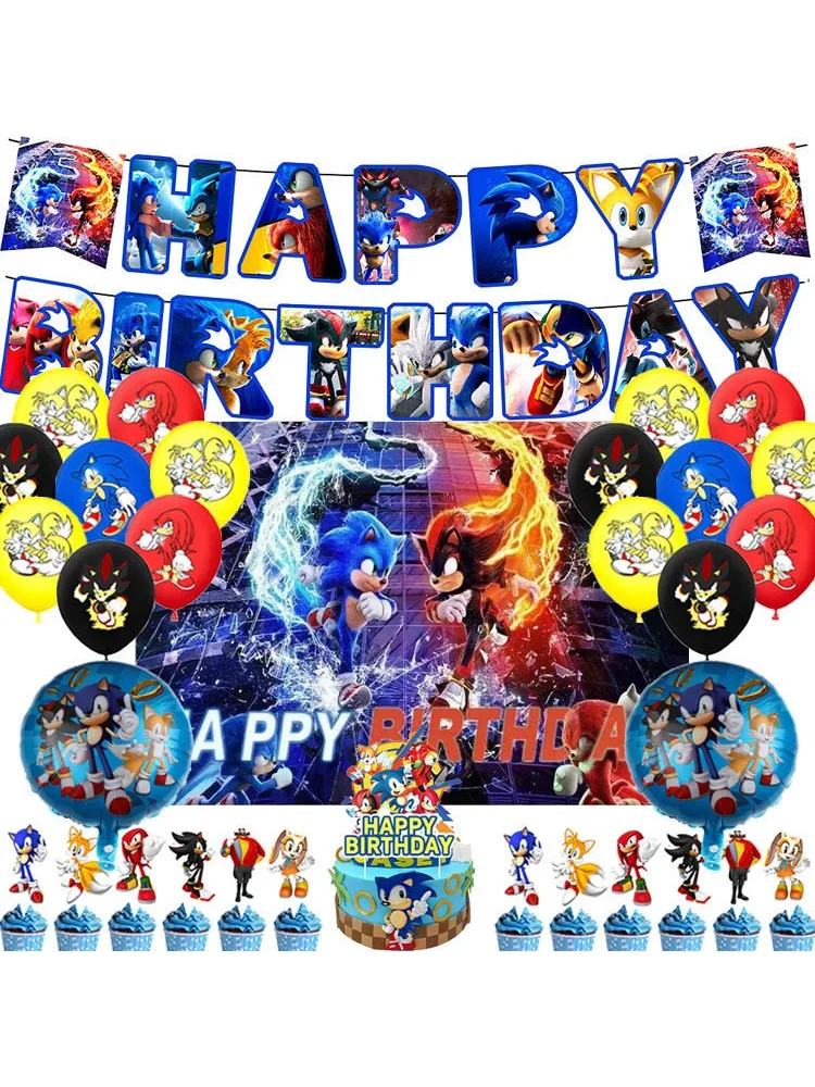 Nieuwe Game Hedgehog Thema Set Verjaardagsfeestje Decoraties Banners Ballonnen Cake Toppers Sonic Cartoon Feestartikelen voor kinderen - afbeelding 2