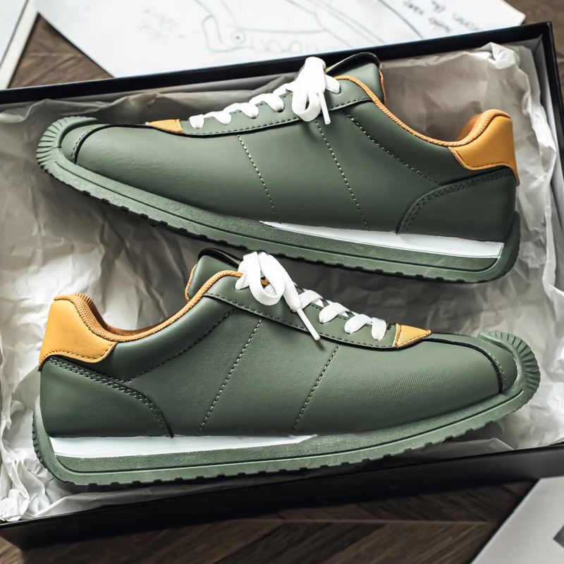 

Мужские ретро-кроссовки, зеленые кожаные повседневные туфли с желтым каблуком, легкие низкие кроссовки для ежедневной носки