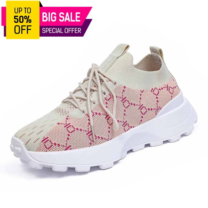 

2026 New Women's Chunky Sneakers Breathable Knit Platform Shoes Printed Non-Slip Lightweight Casual Sports Shoes for Streetwear