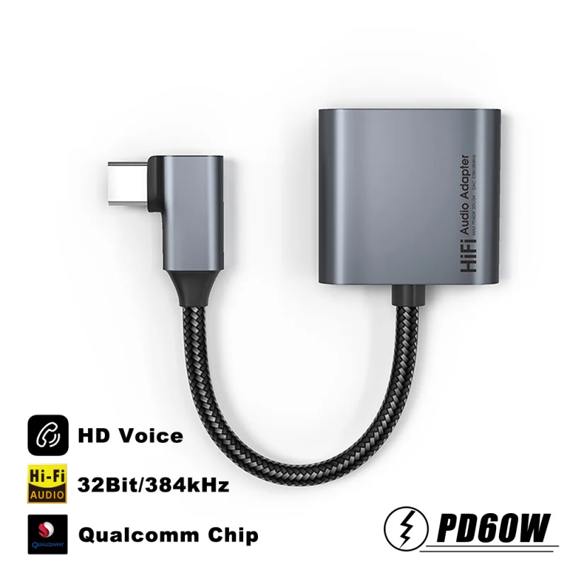อะแดปเตอร์แจ็ค Type C เป็น3.5มม. USB พร้อมสายสัญญาณเสียง OTG HIFI 60W PD USB-C ตัวแปลงต่อหูฟัง3.5มม.