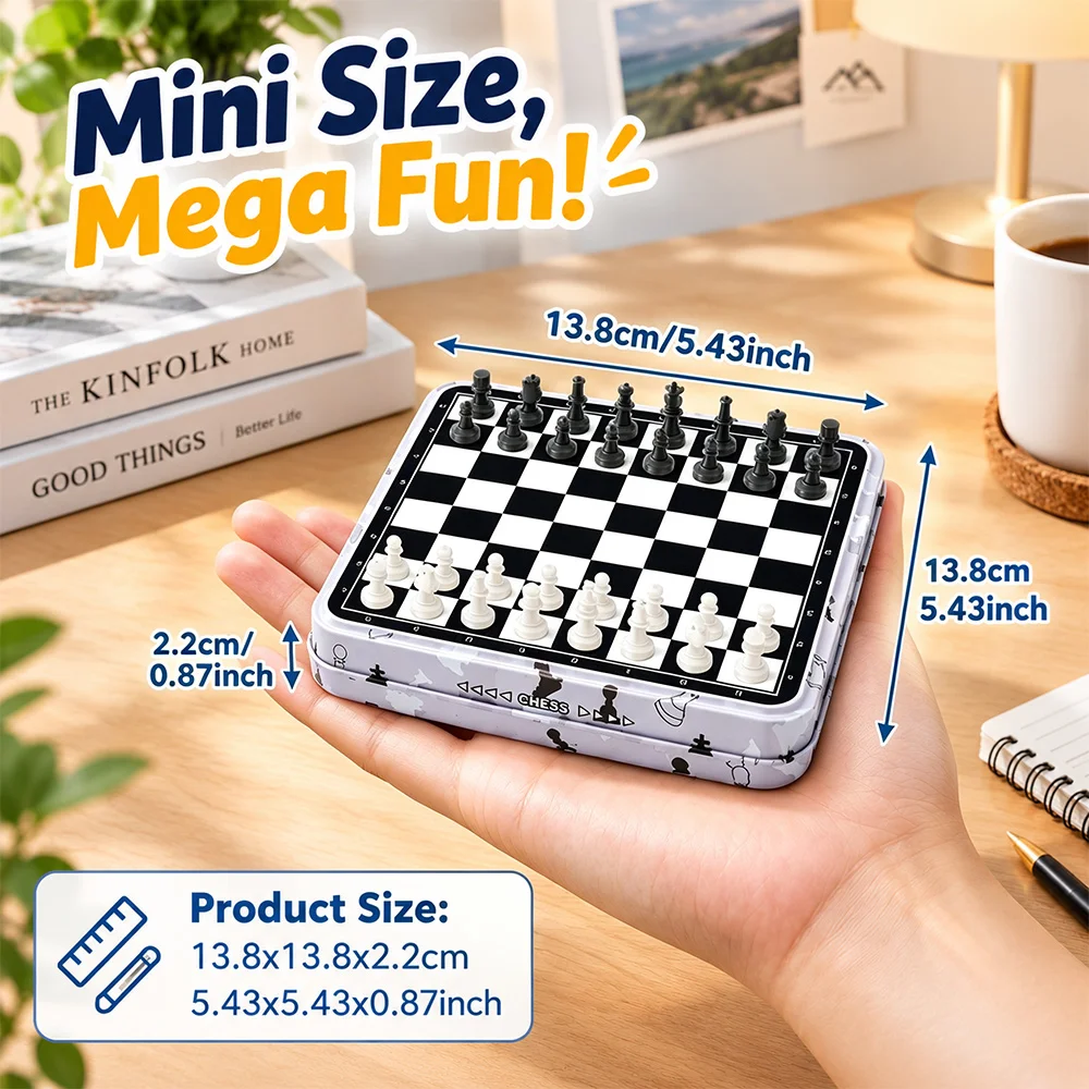Magnetic 2 in 1 Chess & Checkers Set, Portable Mini Metal Storage Box Board Game, Foldable Travel Chess Board, High Quality Educational Brain Game, Perfect Halloween Birthday Holiday Gift for Kids Adults Family Party Indoor Game