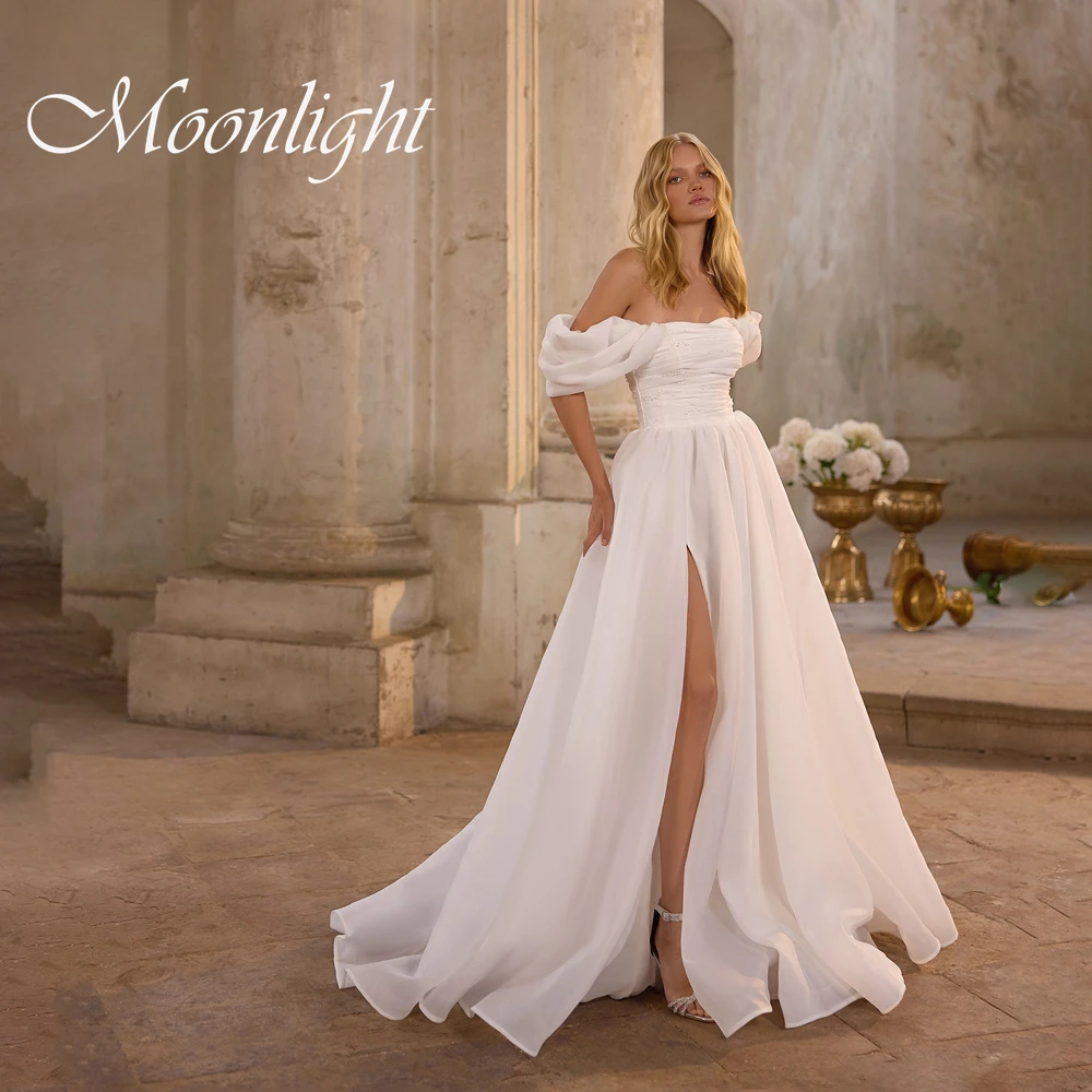 

Элегантное плиссированное свадебное платье трапециевидной формы для женщин 2026 с открытыми плечами без бретелек с открытой спиной и высоким разрезом по бокам Vestidos De Novia по индивидуальному заказу