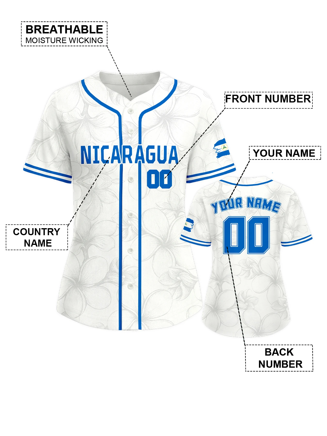 Custom Women Nicaragua Baseball Jersey Personalized Name Number Tropical Flower Print Baseball Shirt Button Down Team Sportwear