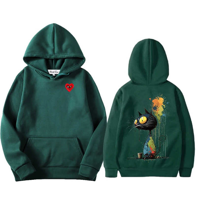 

Oil Painting Colored Cat Print Men Women Hoodie Polyester Red Glasses Heart Embroidery Pullover Pockets Thin Loose Autumn Hoody