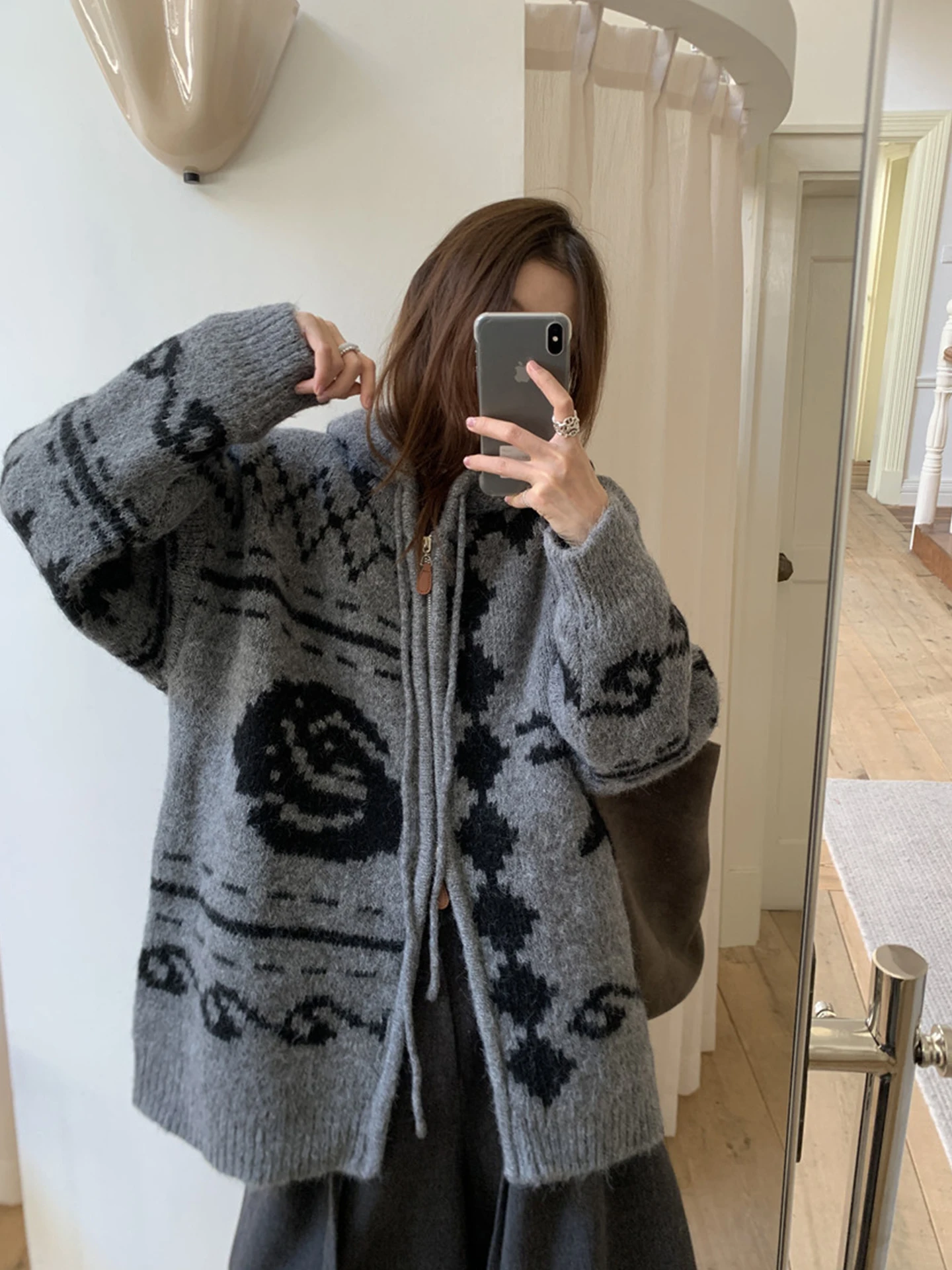 Retro Fair Isle Muster Kapuzenstrickwaren Jaet Damen Loose Fit Reißverschluss Long Sve Herbst Winter Oberbekleidung Faion Sle