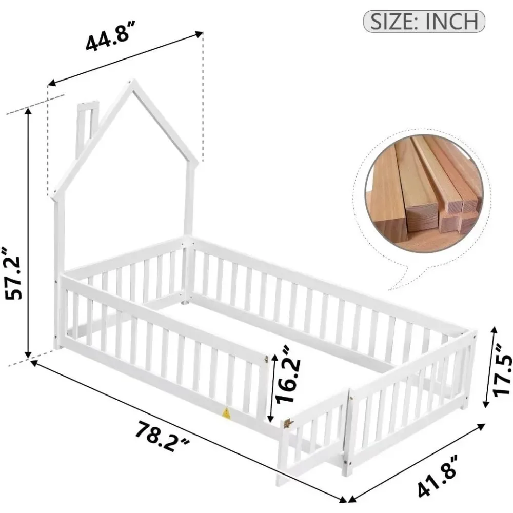 Children Beds, Twin Size Montessori Floor Bed with Fence and Door, House-Shaped Headboard Floor Bed with Full-Length Guardrails