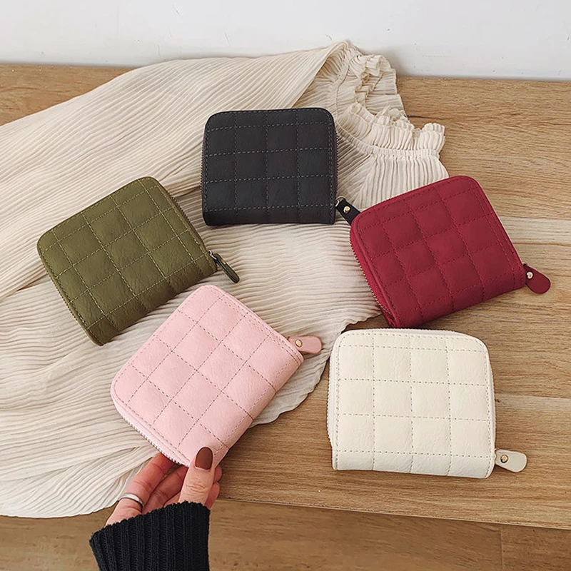 Women's Short Wallets PU Leather Female Plaid Nubuck Card Holder Wallet Luxury Brand Ladies Small Zipper Wallet With Coin Purse