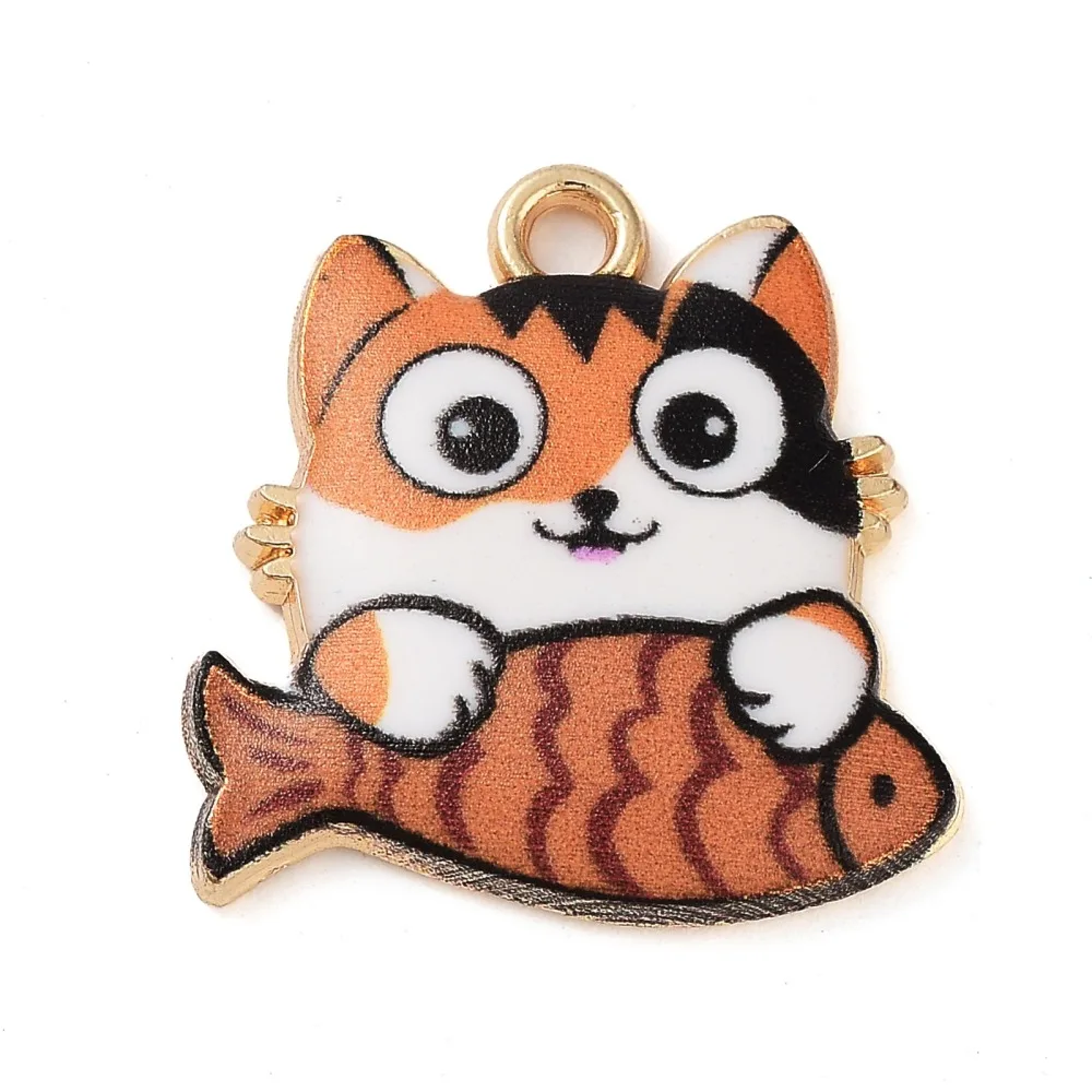 Pandahall 100Pcs Enamel Animal Charms Cute Cat with Fish Charms Colorful Pet Kitten Charms for Jewelry Crafting Making Supplies