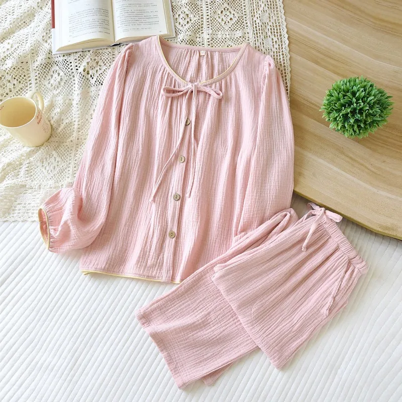 

2025 Women's Spring and Autumn New Pajama Set 100% Cotton Crepe Round Neck Solid Color Buckle Home Clothing Set Sleepwear