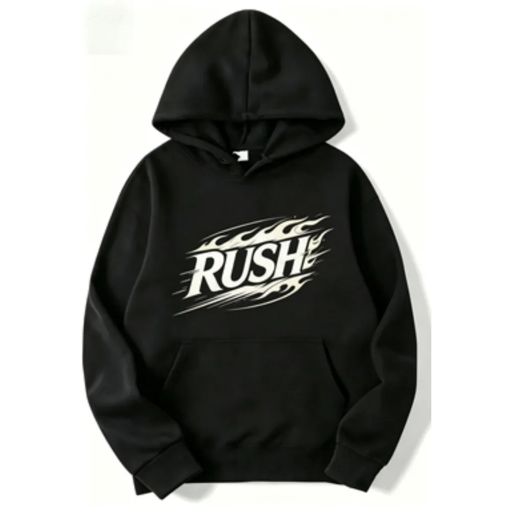 2026Hotsale Fall_Winter Men's RUSH Flame Letter Graphic Front casual Hoodie Streetwear Casual Loose Fitted Hoodie top