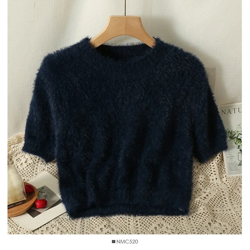 Gagarich Plush Slim Fitting Short Style Knitted Sweater 2024 Autumn Women New Gentle Short Sleeved Pink Bottom Layer Sweater Top