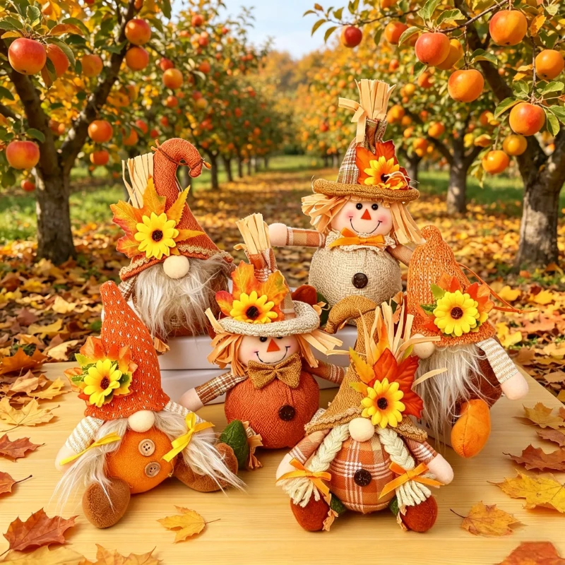 Fall Harvest Gnomes Scarecrow Plush Dolls Autumn Sunflower Maple Leaf Stuffed Gnome Figurines Decor for Thanksgiving Decorations