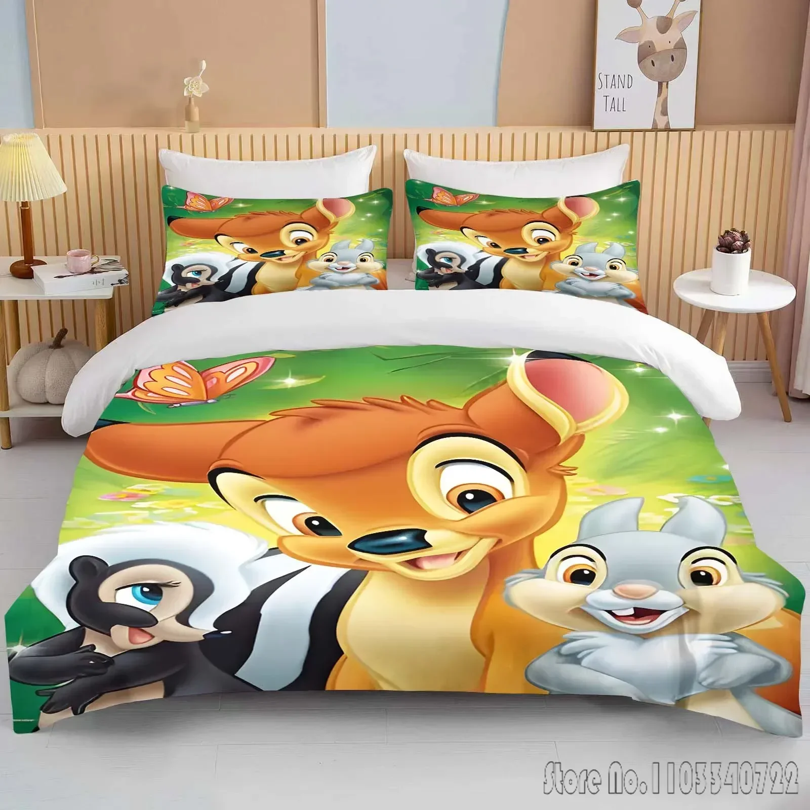 Disney Bambi Printed Soft Bedding Set Duvet Cover Anime Quilt Adult Kids Birthday Gift Full Size King Size Bedding Set