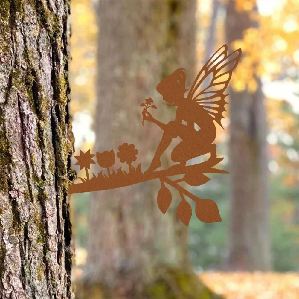 CIFBUY Metal Wall Art Picking Flowers Fairy On Branch Iron Hanging Sculpture, Durable Plaque Ornament for Home Garden Patio Deco