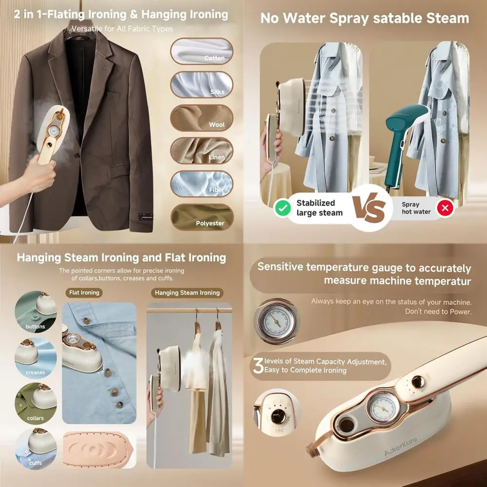 

Портативный ручной отпариватель и утюг 2-в-1, быстрый нагрев 1200 Вт, резервуар 200 мл, 3 режима, 120 В, удобен для путешествий, бежевый