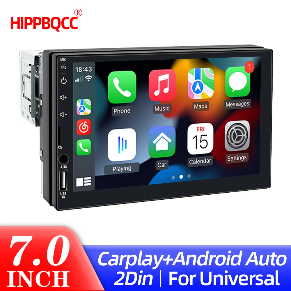 HIPPBQCC 1 Din Autoradio 7" Carplay Android Auto Multimedia Player HD Touchscreen FM AUX Eingang