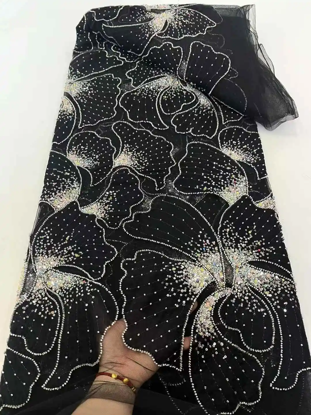

Black African Lace Fabric 2025 High Quality Lace Nigerian Sequin Lace Fabric French Beaded Fabric For Wedding Party Dress Women