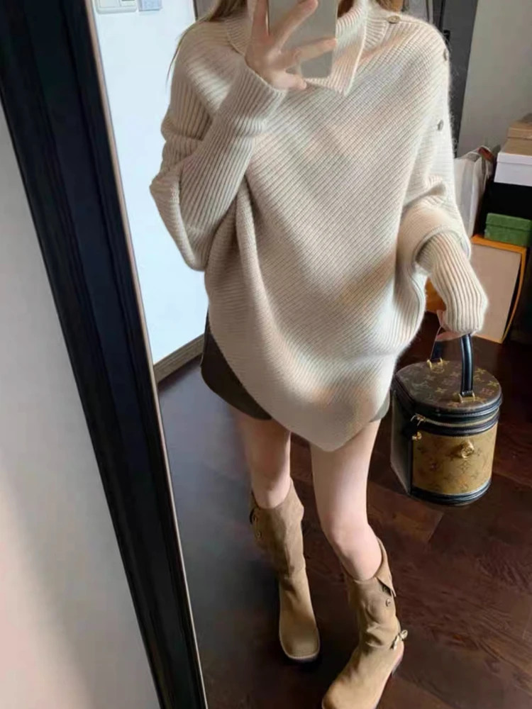 Irregular Sweaters Women Elegant Office Lady Autumn Winter Solid Turtleneck Long Sleeve Classic Stylish Korean Style Temperament