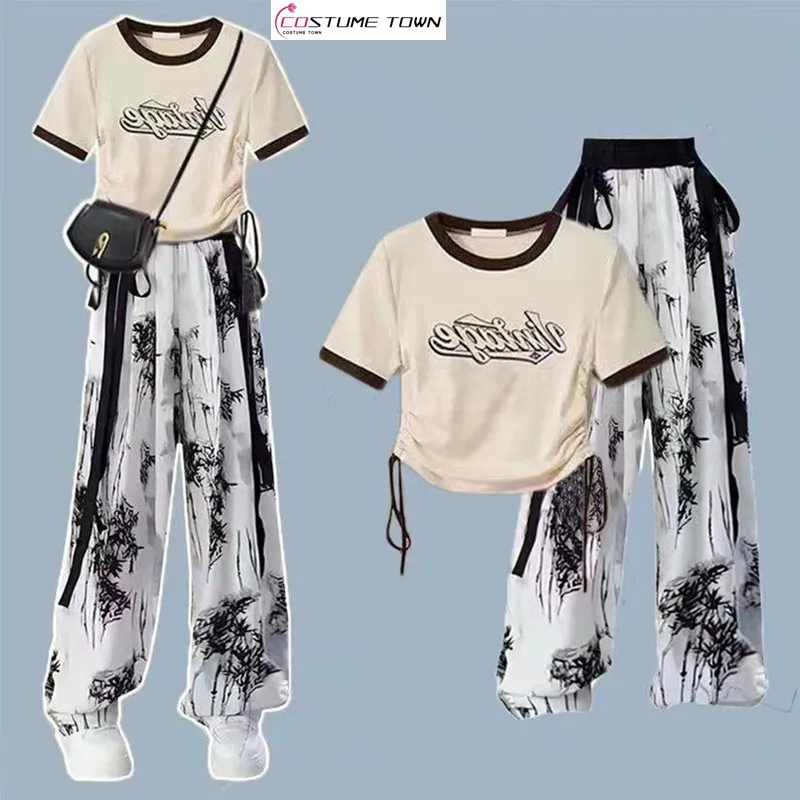 Set estivo per donna versione coreana Pure Desire Style t-shirt a maniche corte + pittura a inchiostro pantaloni a gamba larga sottile Set di due pezzi