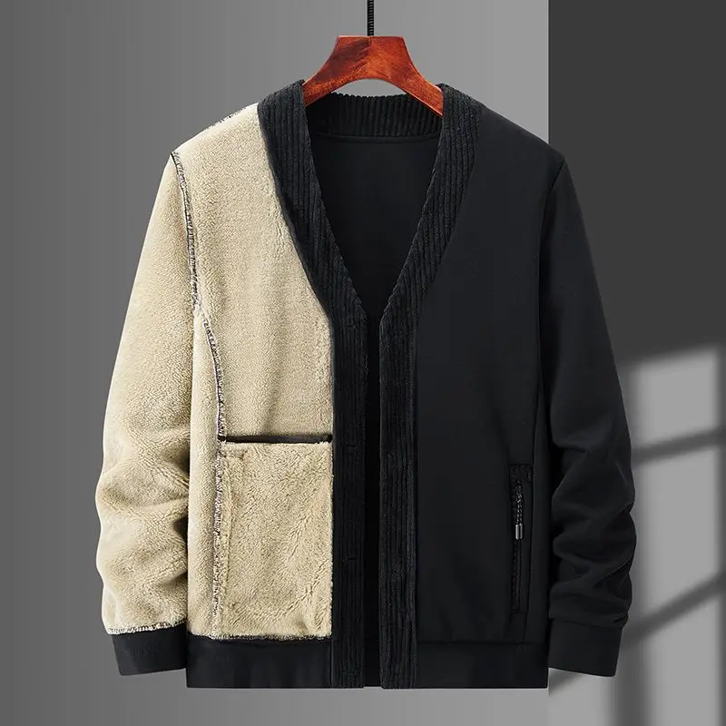 Autumn Winter New Men Lamb Wool Warm Plus Velvet Coat V-Neck Solid Button Pocket Zipper Fashion Casual Long Sleeve Cardigan Tops