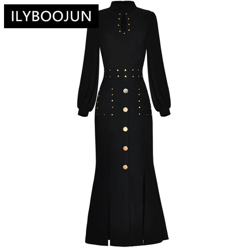 

ILYBOOJUN Fashion Designer Black Vintage Mermaid Dress Women's Lantern Sleeve Button Package Buttocks Slit Slim Long Dress