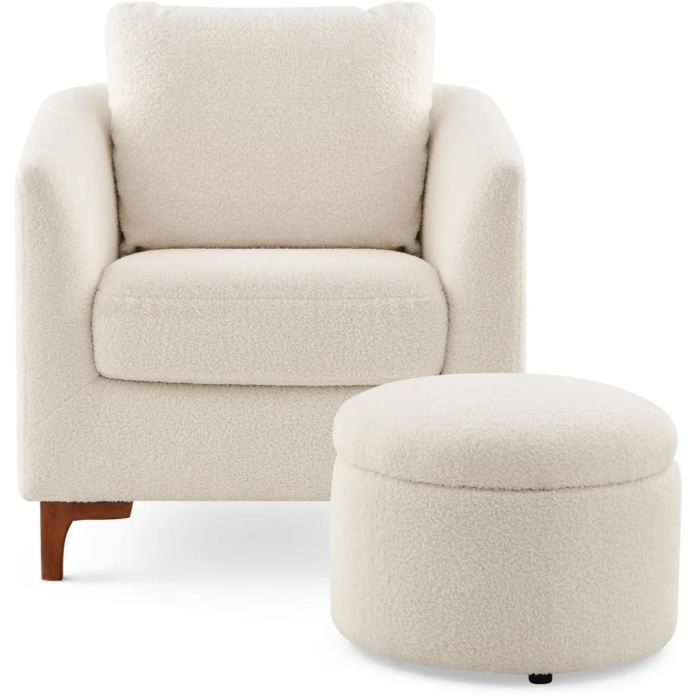 Sherpa Accent Chair with Storage Ottoman Set, Upholstered Barrel Club Arm Chair with Footrest, Modern Living Room Chair