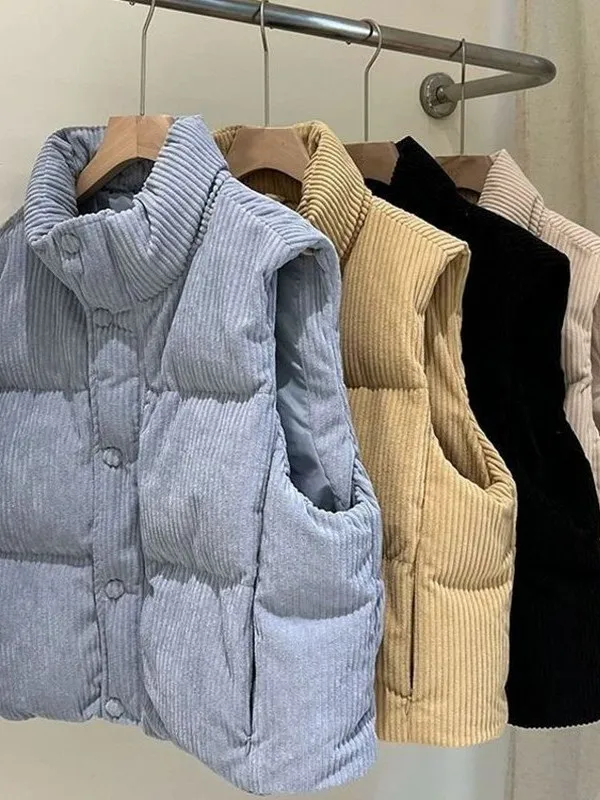 Women's Short Corduroy Cotton Vest Thickened Stand Collar Loose Fashion Outerwear Winter East Gate Style Single Button Closure