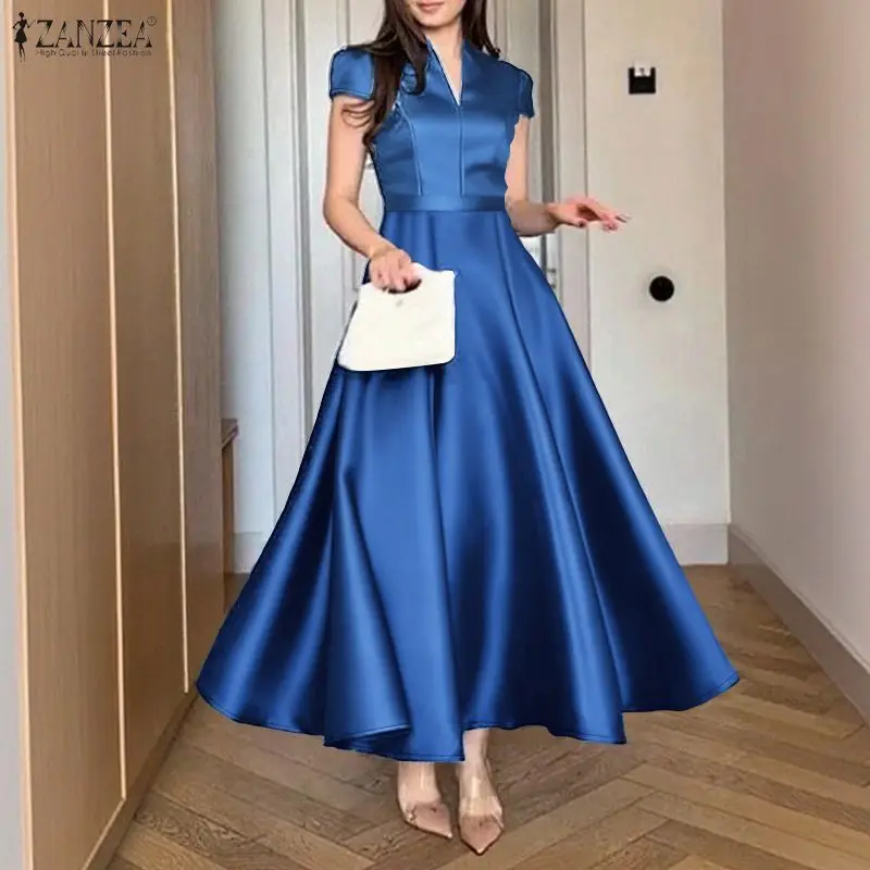 Elegantes, raffiniertes Satin-Partykleid für Damen mit V-Ausschnitt, kurzen Ärmeln, figurbetontem Schnitt und ausgestelltem Rock, lange Kleider, ZANZEA Abend-Maxikleider für Damen