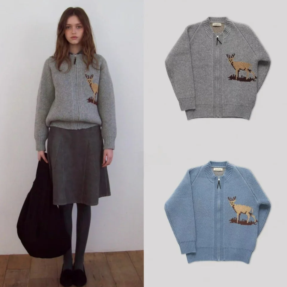 

Smoothmood Winter New Zipper Deer Pattern Knitted round Neck Open Cardigan Sweater Women's Loose Fit Long Sleeve Woolen Knitwear